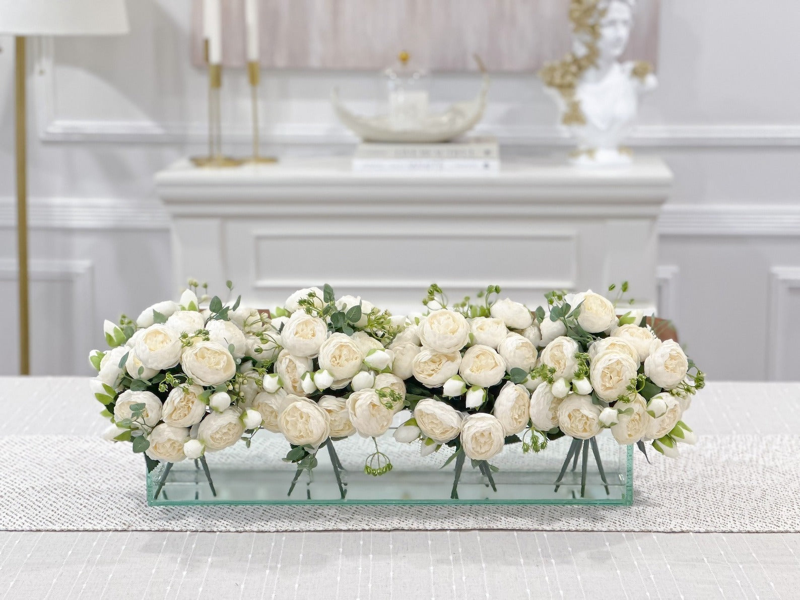 24-in White Peony Arrangement in Long Glass Vase - Flovery