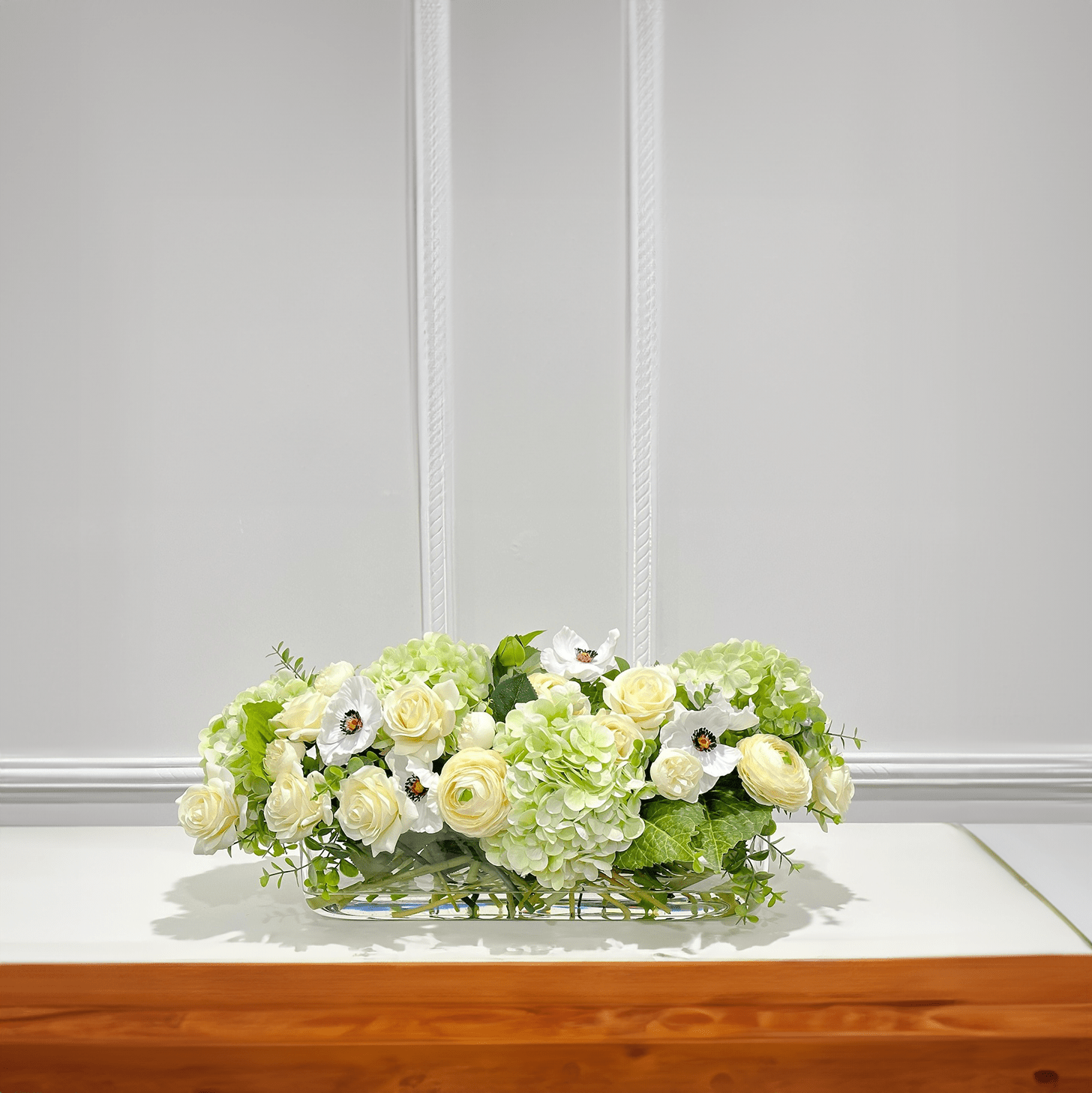 Long Faux Floral Arrangement Green Mixed in Glass Vase - Flovery
