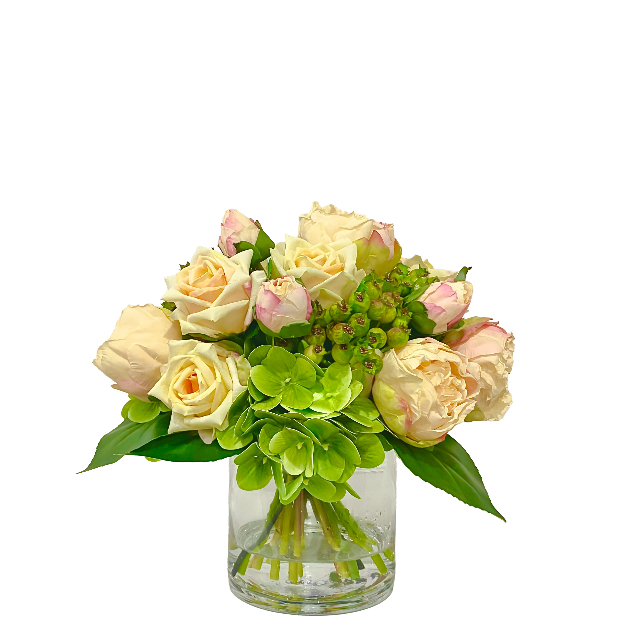 Champagne Real Touch Rose & Green Hydrangea Arrangement in Glass Vase - Flovery