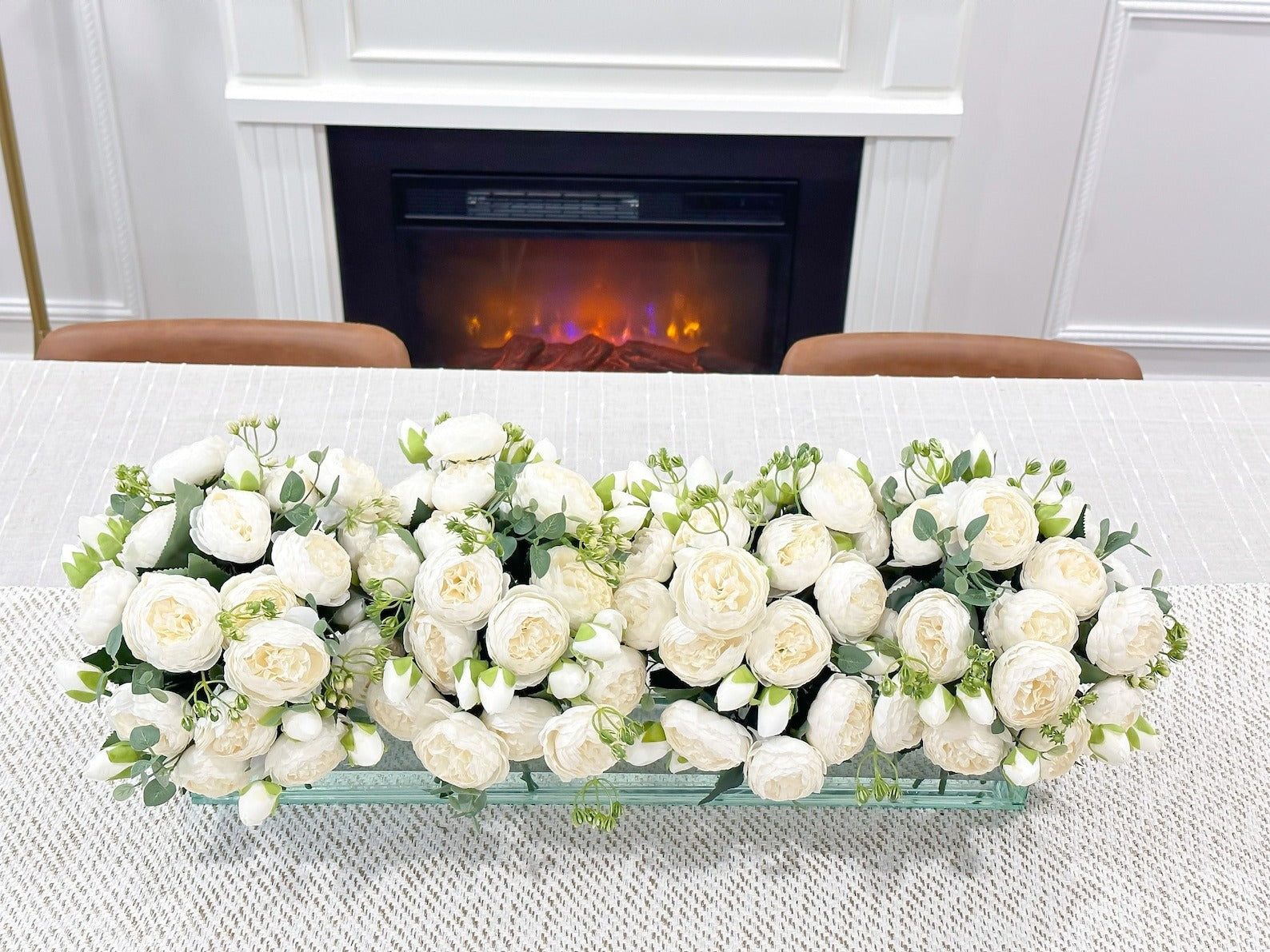 24-in White Peony Arrangement in Long Glass Vase