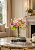 14.5-in Pink Rose Ranunculus Real Touch Centerpiece in Glass Vase