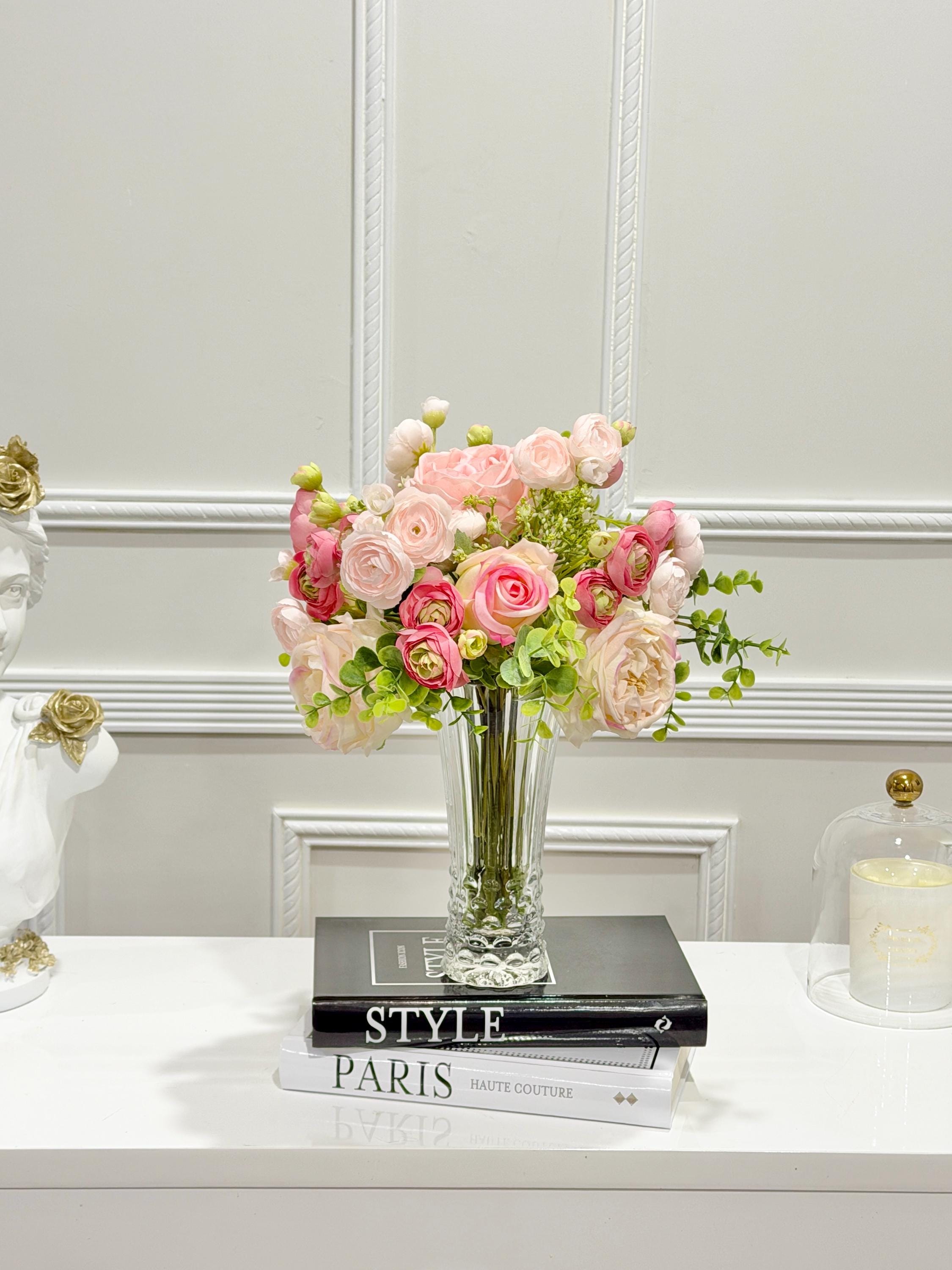 14.5-in Pink Rose Ranunculus Real Touch Centerpiece in Glass Vase - view 3