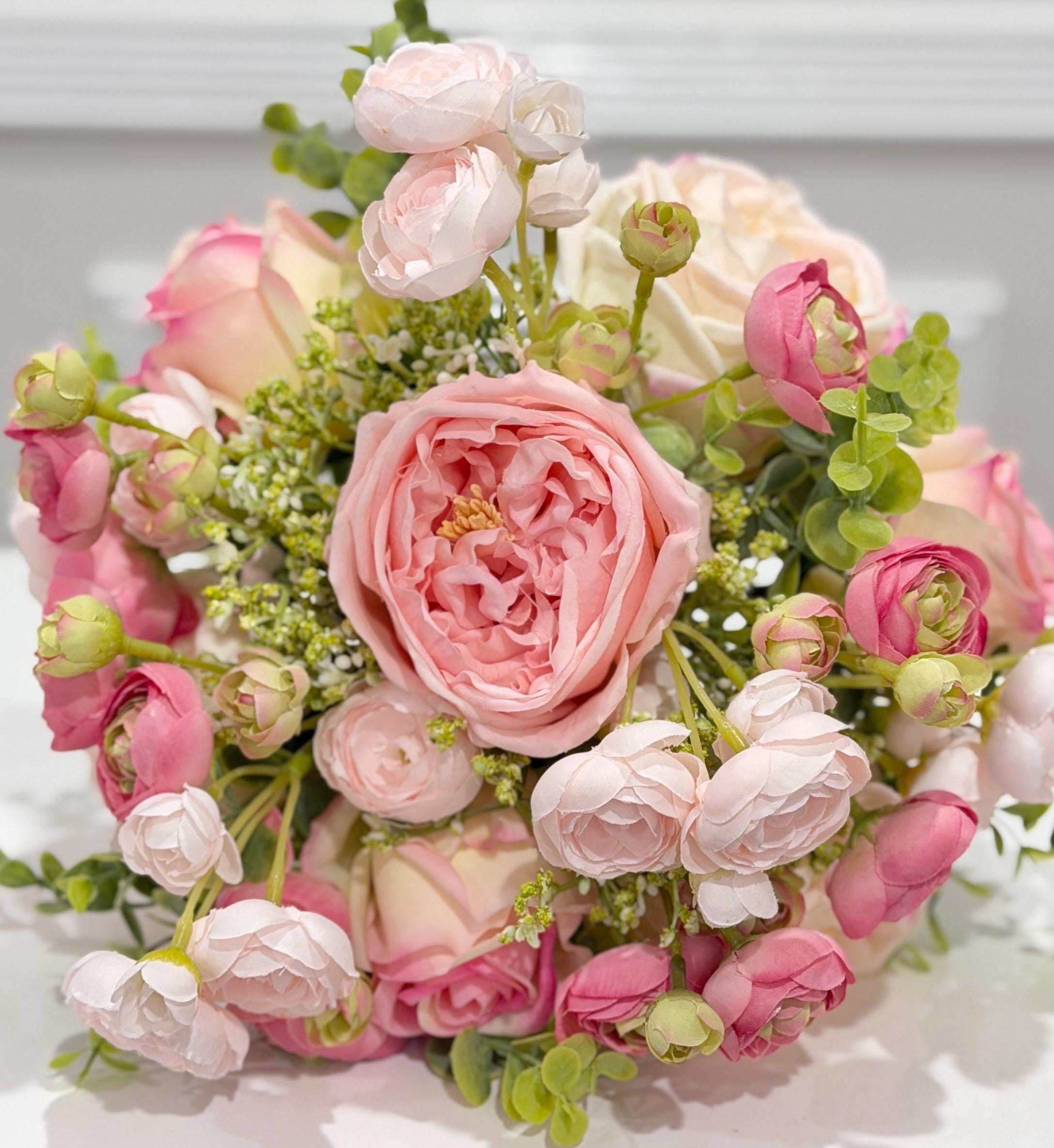 14.5-in Pink Rose Ranunculus Real Touch Centerpiece in Glass Vase - view 6