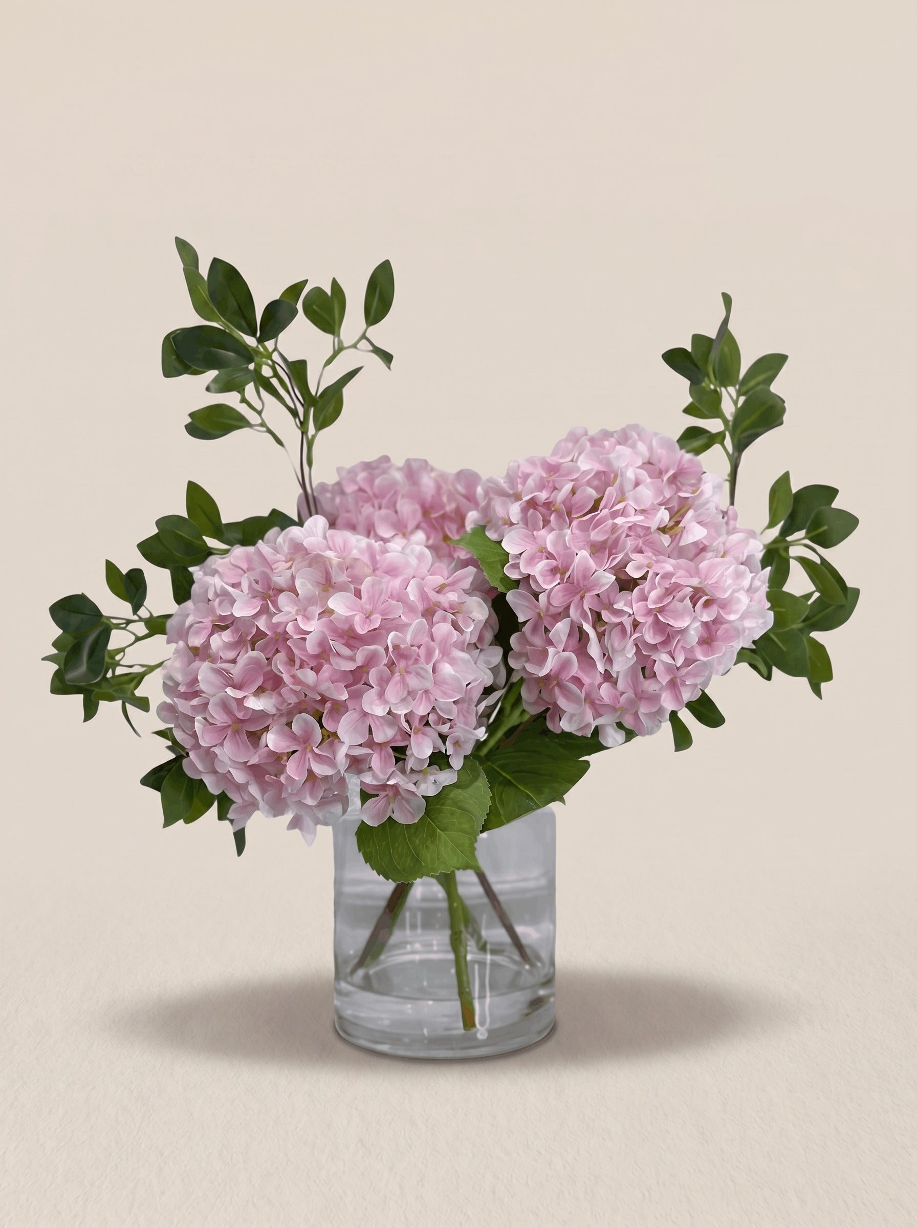 Pink Silk Hydrangea Faux Floral Arrangement in Clear Glass Cylinder Vase - front hero