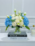French Country Peony Arrangement in Vase, Blue Floral Arrangement
