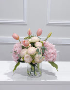 Pink Real Touch Hydrangea Tulip Peony Centerpiece in Glass Vase
