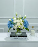 French Country Peony Arrangement in Vase, Blue Floral Arrangement
