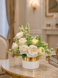 White Real Touch Rose Ranunculus Centerpiece in Gold Vase