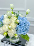 French Country Peony Arrangement in Vase, Blue Floral Arrangement