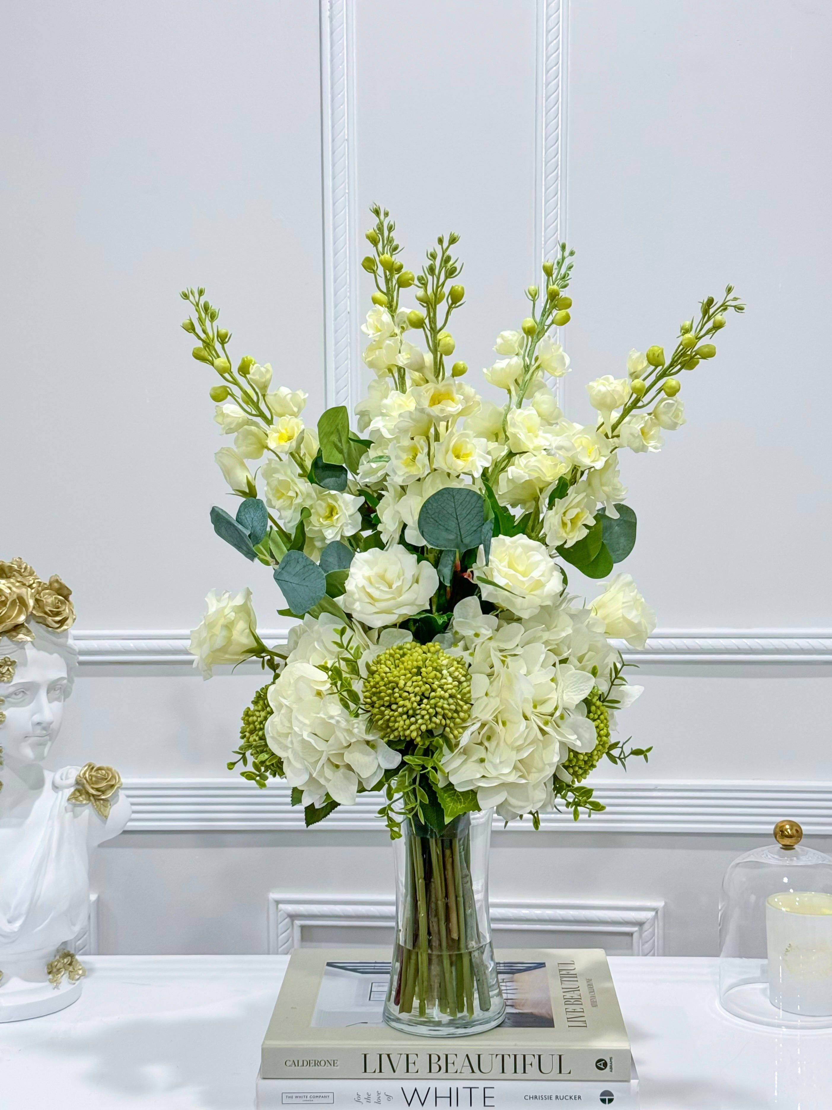 Tall Luxurious Hydrangea, Lisianthus & Snapdragon Arrangement in Glass Vase - Flovery Main image