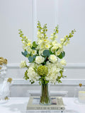 Tall Luxurious Hydrangea, Lisianthus & Snapdragon Arrangement in Glass Vase