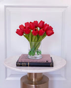 Real touch red tulip petite arrangement in glass vase