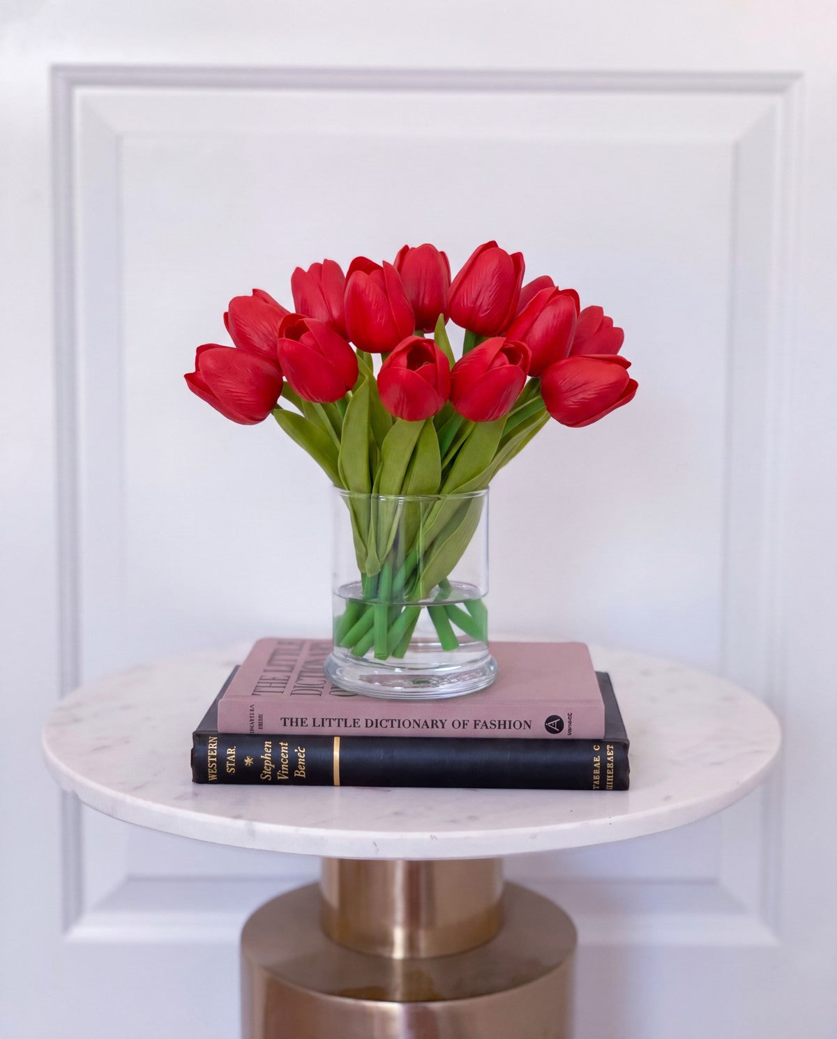 Real touch red tulip petite arrangement in glass vase