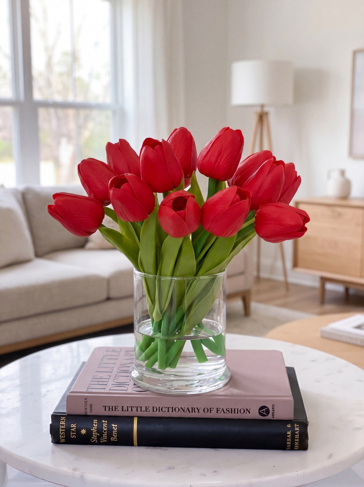 Real touch red tulip petite arrangement in glass vase, living room Main image