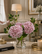 Pink Premium Silk Hydrangea Faux Floral Arrangement in Clear Glass Cylinder Vase