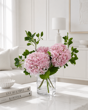Pink Premium Silk Hydrangea Faux Floral Arrangement in Clear Glass Cylinder Vase