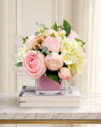 Real touch pink rose and faux hydrangea arrangement in pink cube glass vase, French style room