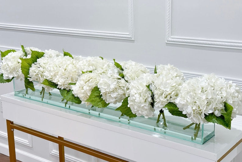 French Artificial Hydrangeas Centerpiece In Long Glass Vase - Flovery