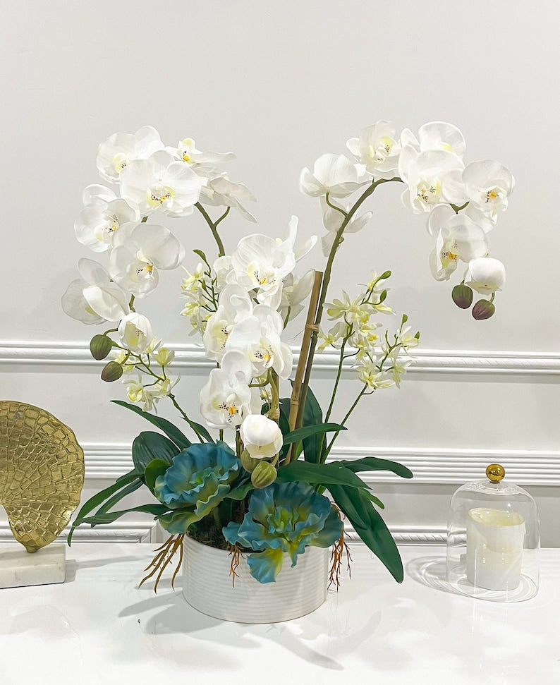 Luxury Real Touch White Phalaenopsis Orchid Arrangement in White Vase | French Table Centerpiece