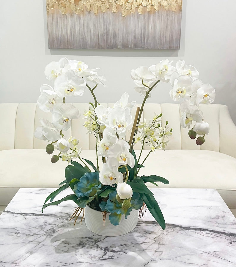 Luxury Real Touch White Phalaenopsis Orchid Arrangement in White Vase | French Table Centerpiece