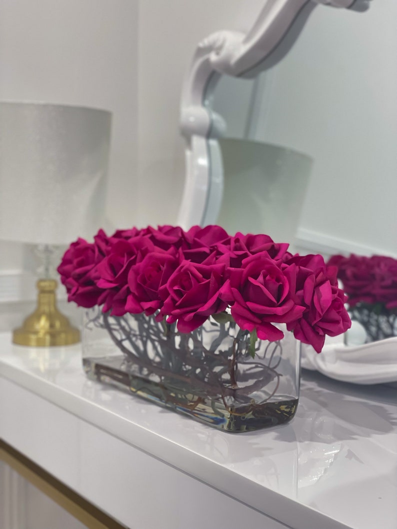 Modern Long Fuchsia Pink Real Touch Roses Arrangement