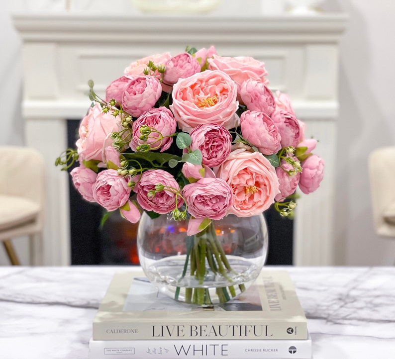 Real Touch Blush Pink Peonies Centerpiece with Pink Baby Breath