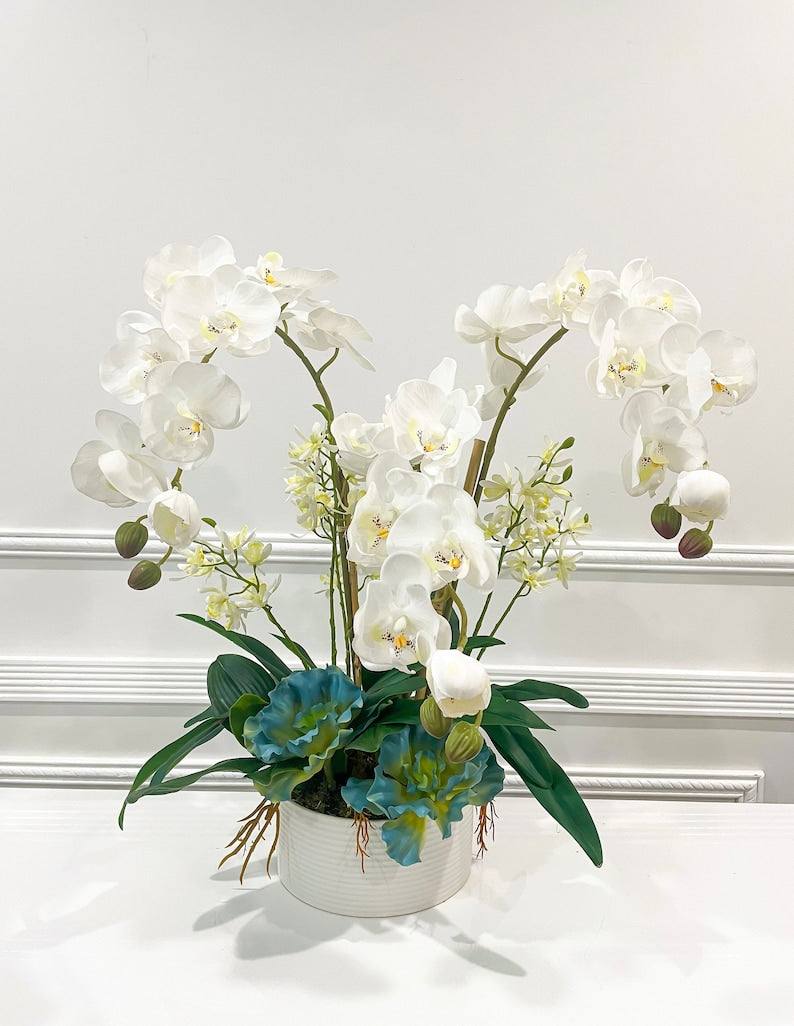 Luxury Real Touch White Phalaenopsis Orchid Arrangement in White Vase | French Table Centerpiece Main image