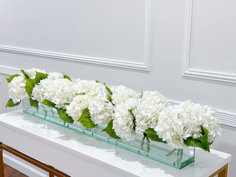 French Artificial Hydrangeas Centerpiece In Long Glass Vase - Flovery