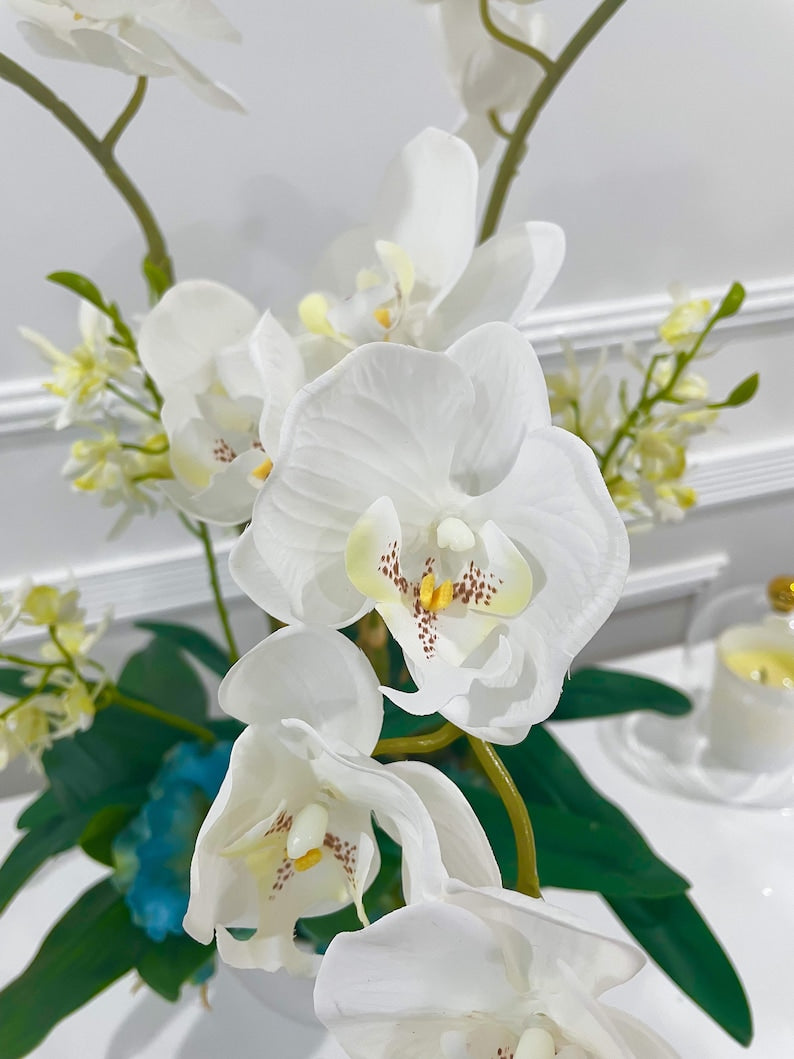 Luxury Real Touch White Phalaenopsis Orchid Arrangement in White Vase | French Table Centerpiece