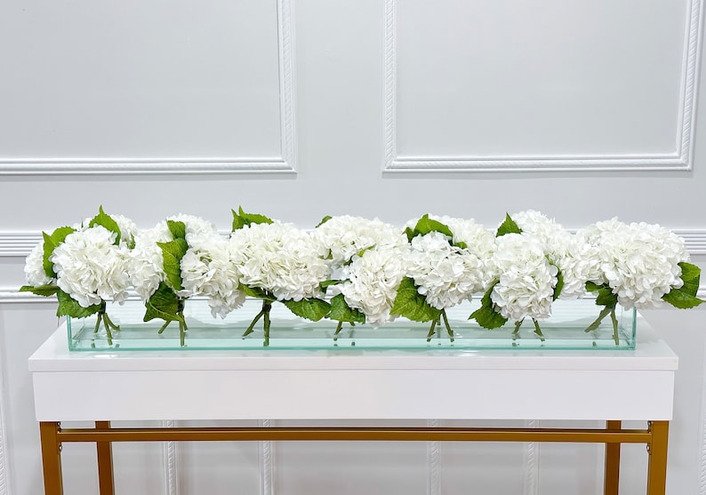 French Artificial Hydrangeas Centerpiece In Long Glass Vase - Flovery