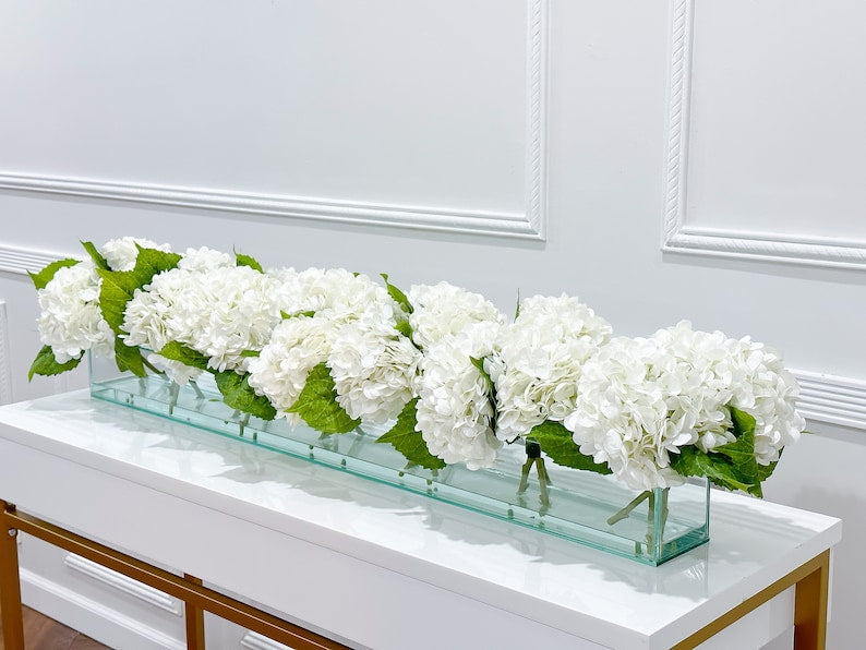 French Artificial Hydrangeas Centerpiece In Long Glass Vase Secondary image