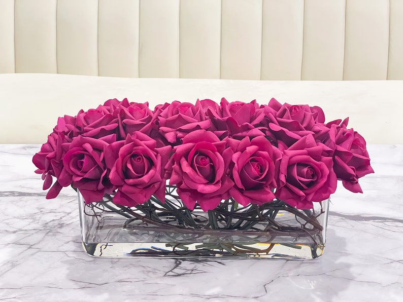 Pink Roses Modern Modern Long Fuchsia Pink Real Touch Roses Arrangement – Flovery.com
