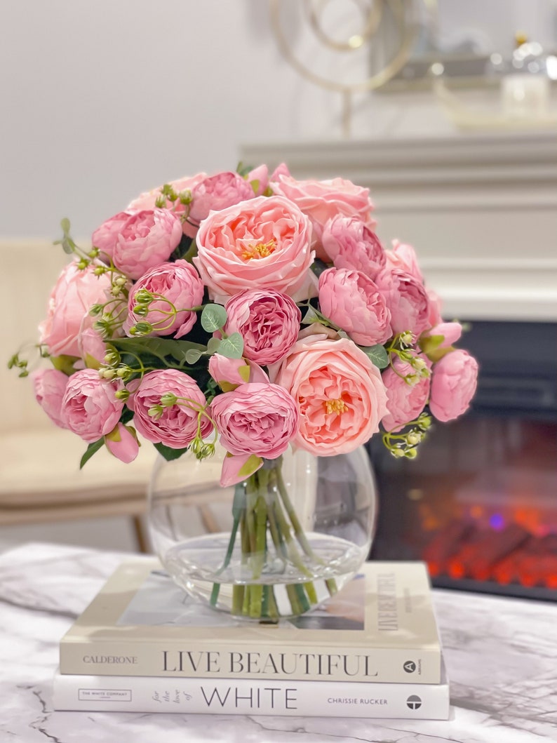 X-Large Sweet Pink Peony Centerpiece, French Rose/Real Touch Austin Rose Arrangement, Faux Centerpiece