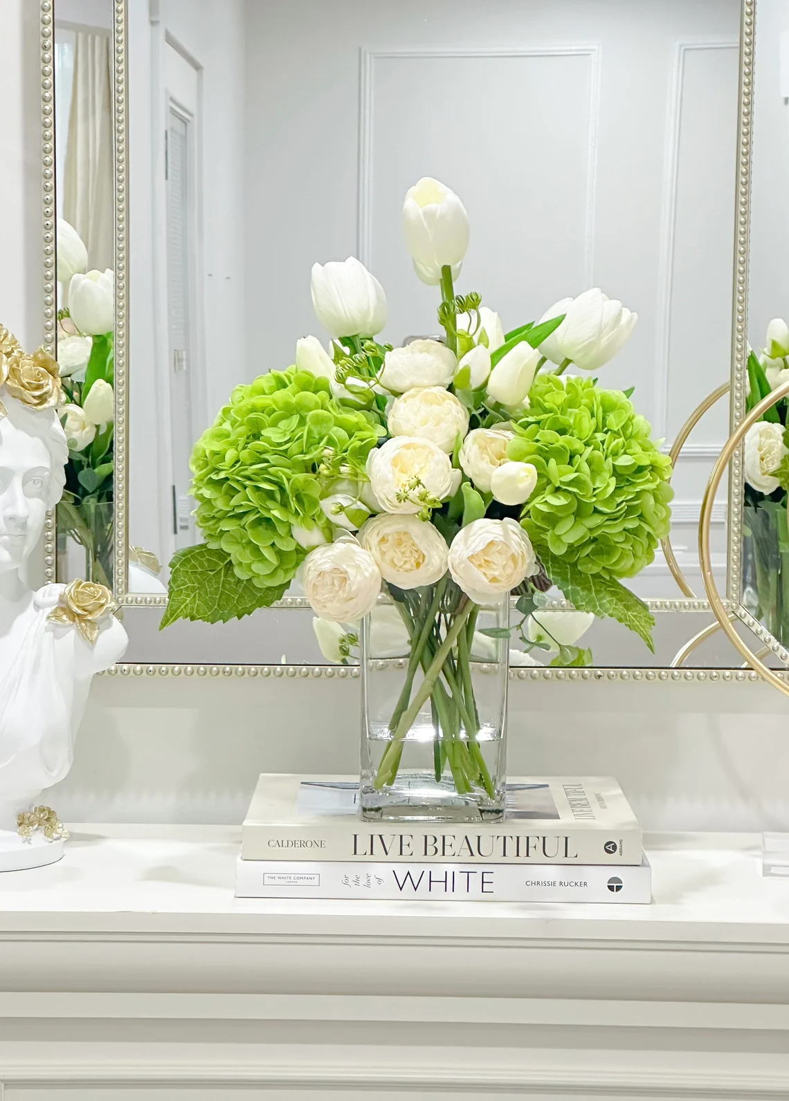 14-in Real Touch Hydrangea Peony Tulip Centerpiece in Glass Vase - Flovery
