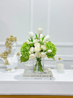 14-in Real Touch Hydrangea Peony Tulip Centerpiece in Glass Vase - Flovery