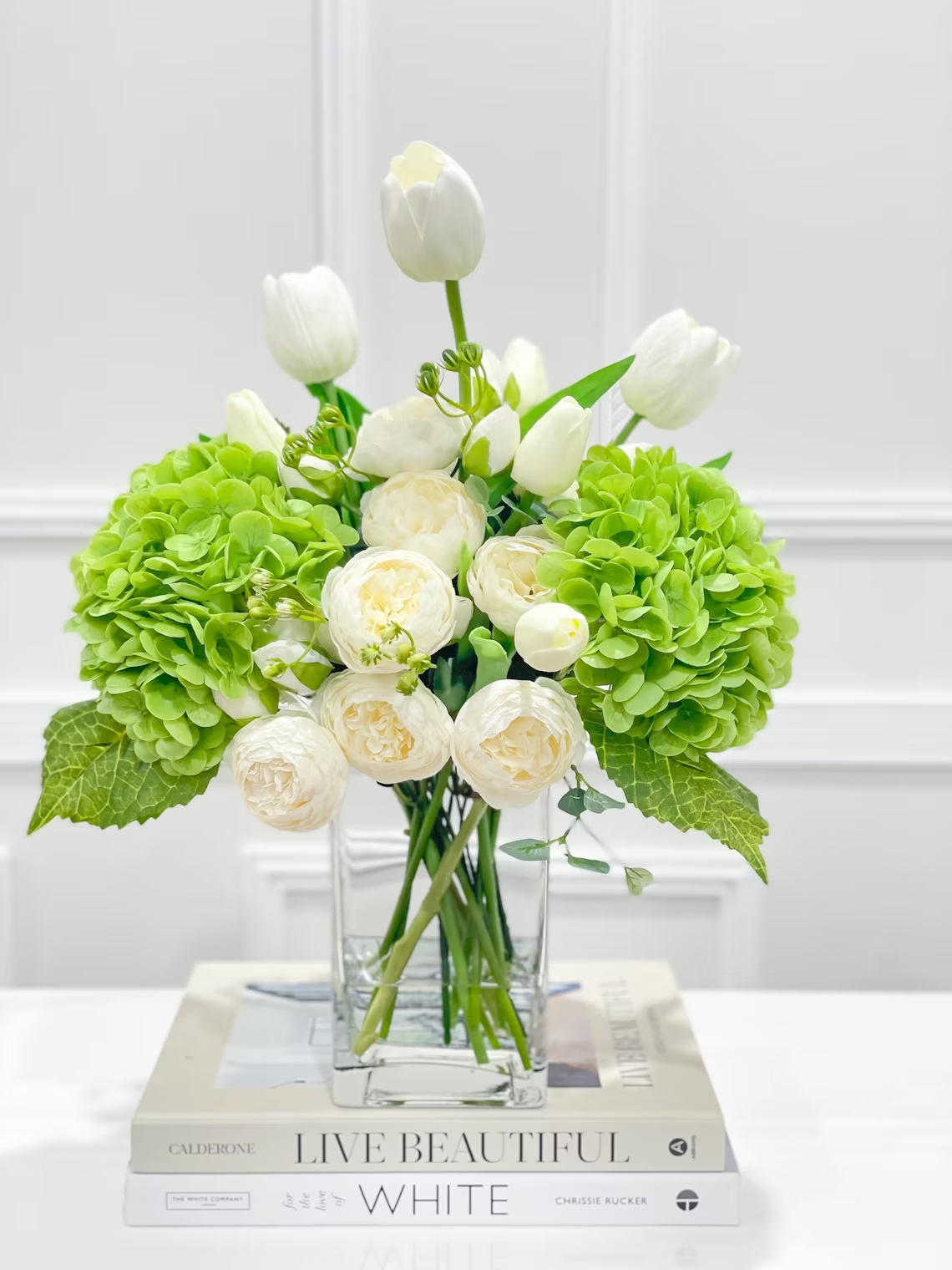 14-in Real Touch Hydrangea Peony Tulip Centerpiece in Glass Vase - Flovery