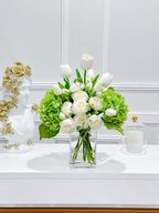 14-in Real Touch Hydrangea Peony Tulip Centerpiece in Glass Vase - Flovery