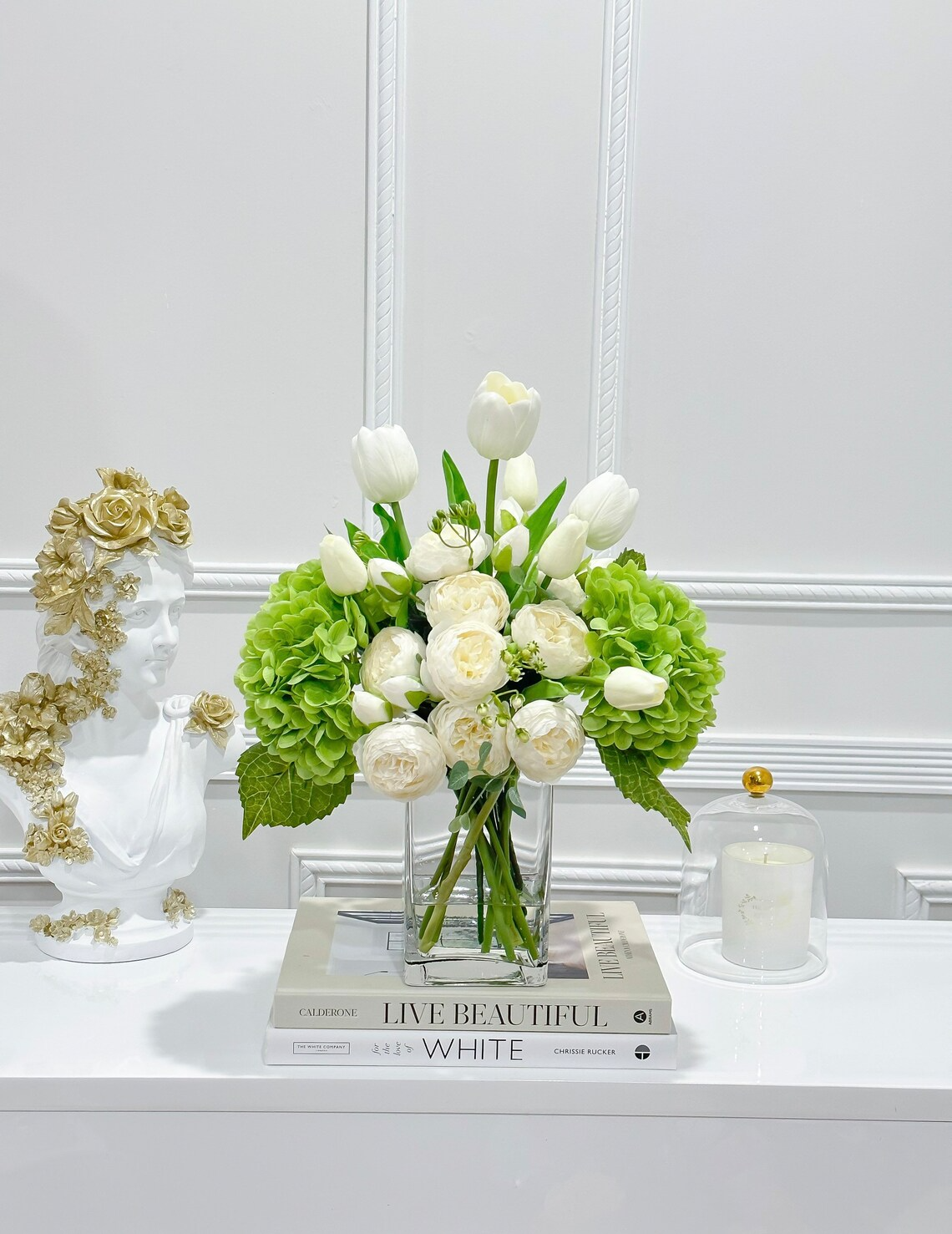 14-in Real Touch Hydrangea Peony Tulip Centerpiece in Glass Vase - Flovery