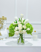 14-in Real Touch Hydrangea Peony Tulip Centerpiece in Glass Vase - Flovery
