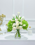 14-in Real Touch Hydrangea Peony Tulip Centerpiece in Glass Vase