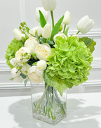 14-in Real Touch Hydrangea Peony Tulip Centerpiece in Glass Vase - Flovery