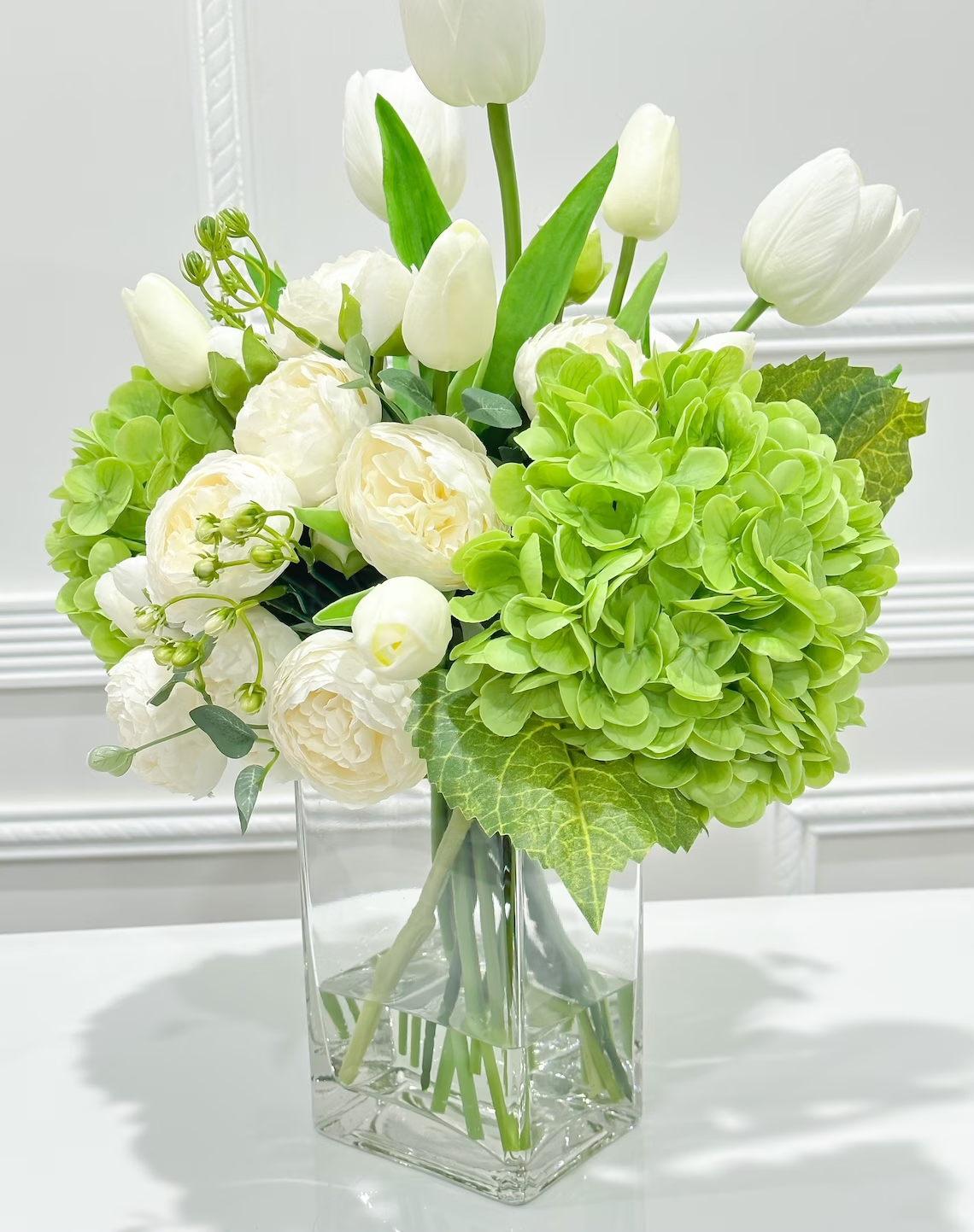 14-in Real Touch Hydrangea Peony Tulip Centerpiece in Glass Vase - Flovery
