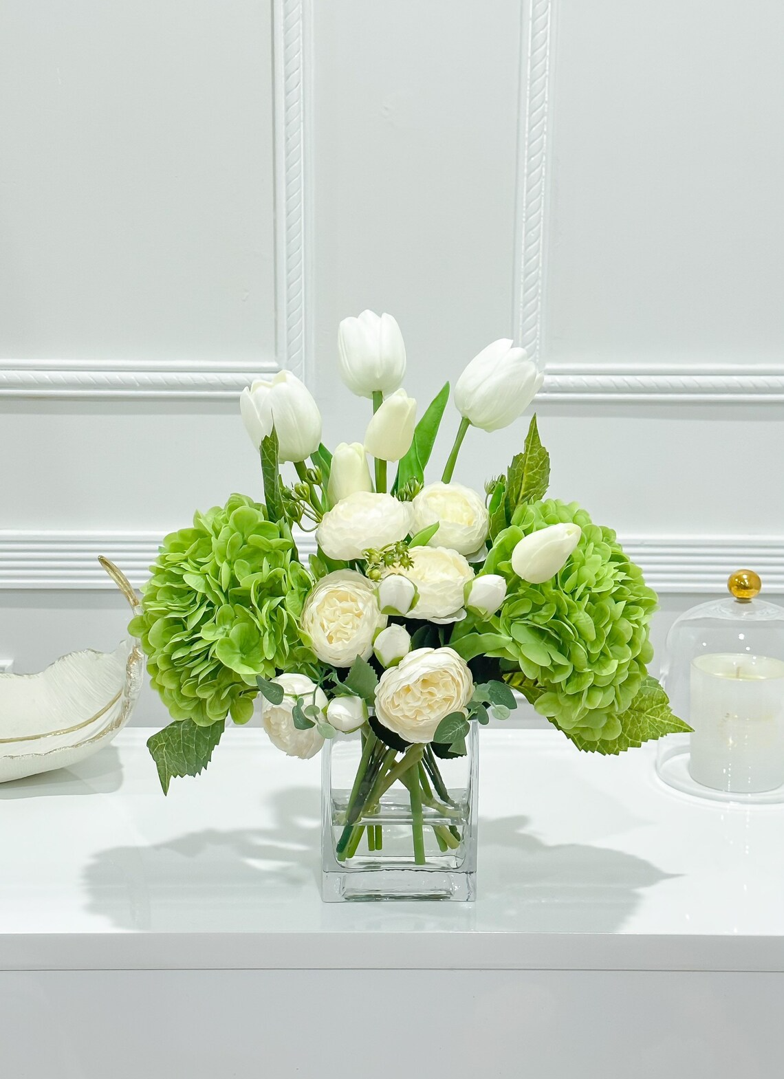 14-in Real Touch Hydrangea Peony Tulip Centerpiece in Glass Vase Secondary image