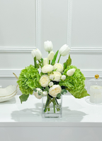 14-in Real Touch Hydrangea Peony Tulip Centerpiece in Glass Vase - Flovery