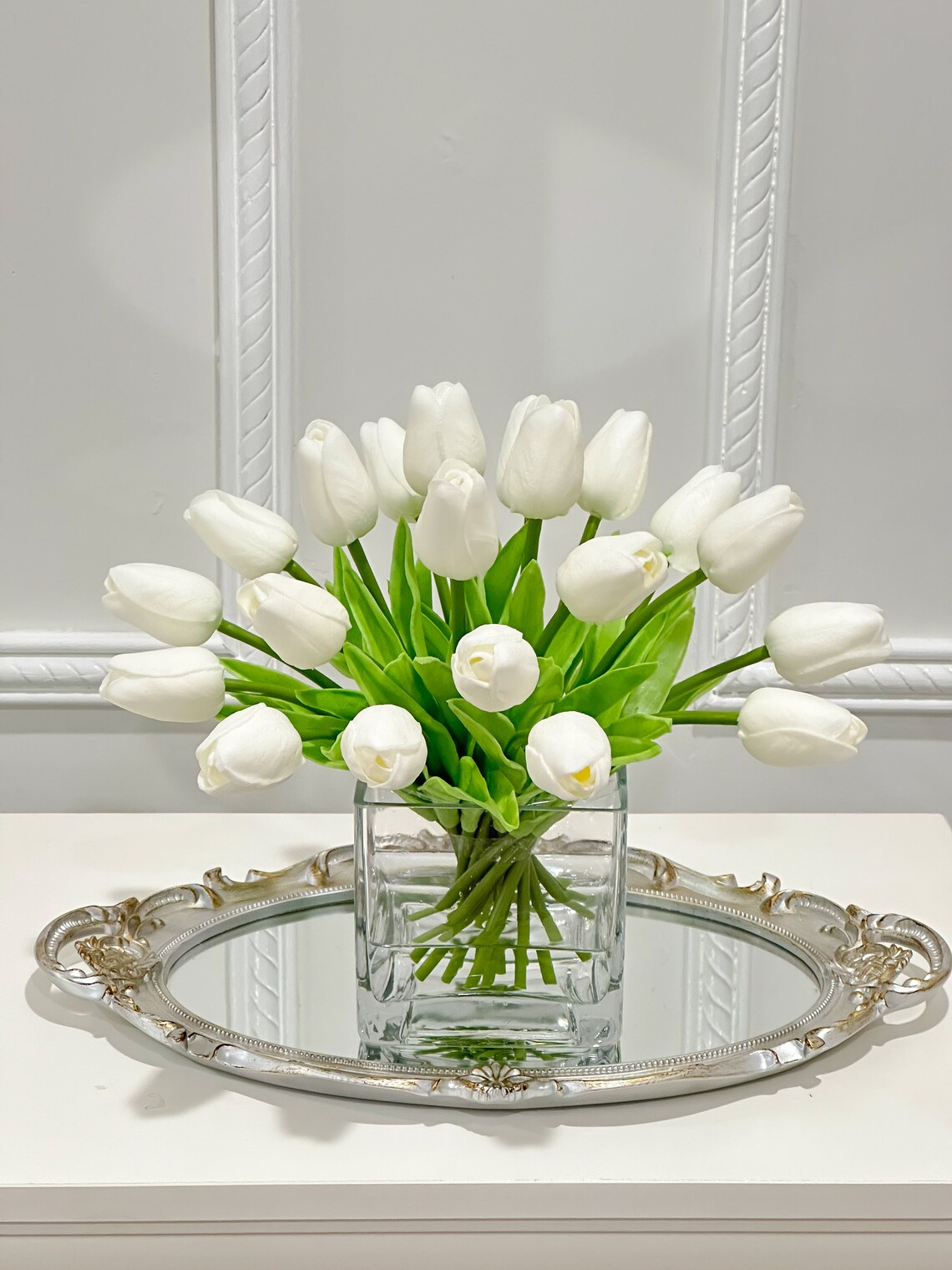 Medium Tulips Floral Arrangement Real Touch in Glass Vase - Flovery Main image