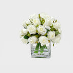 Flovery Artificial Medium White Roses Arrangement in Square Glass Vase (Studio Gray)