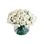 Flovery Artificial Small White Peony Arrangement in Round Glass Vase (Studio White)