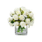 Flovery Artificial Medium White Roses Arrangement in Square Glass Vase (Studio White)
