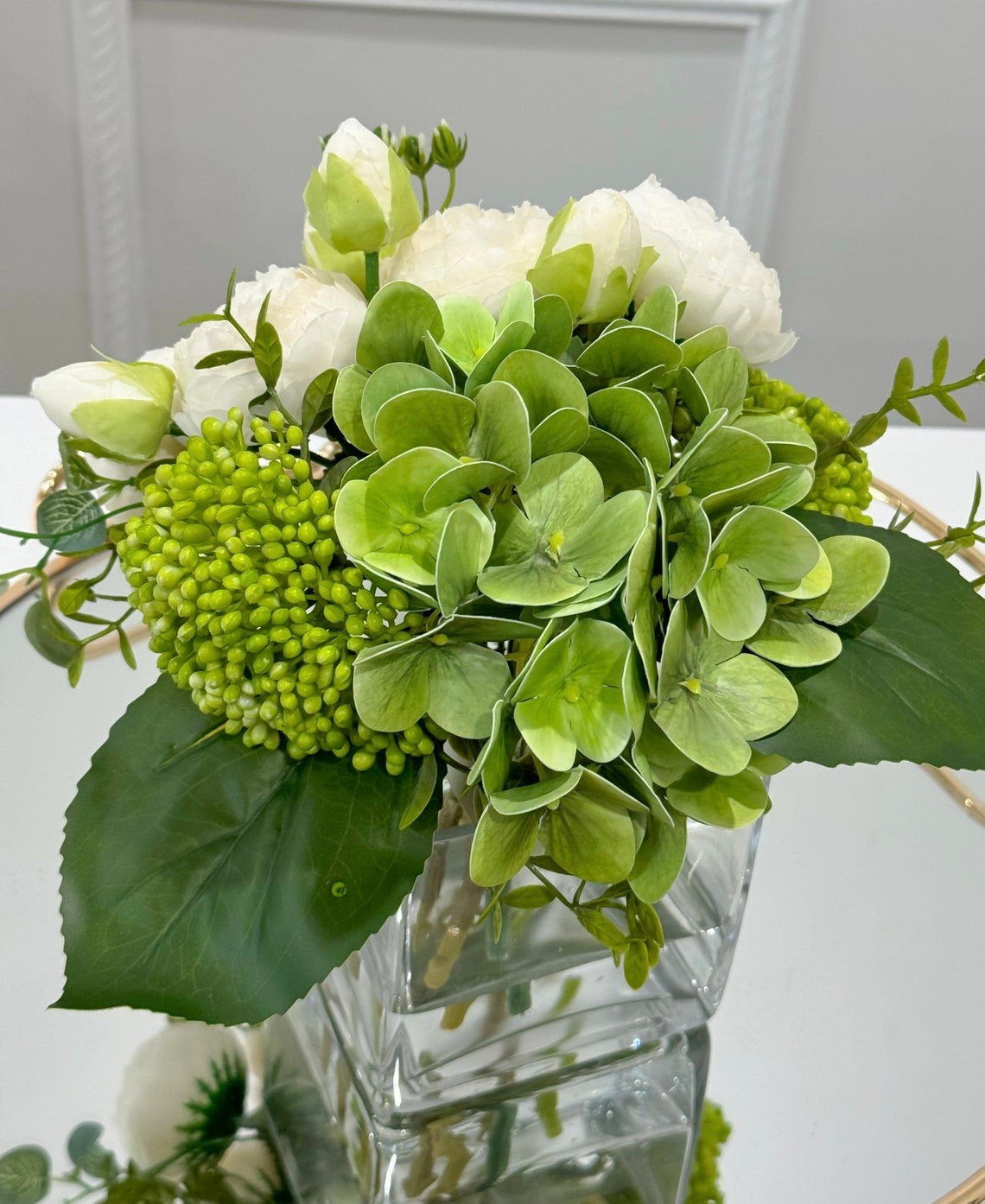 Faux Peony Hydrangea Green Berries Arrangement - Flovery