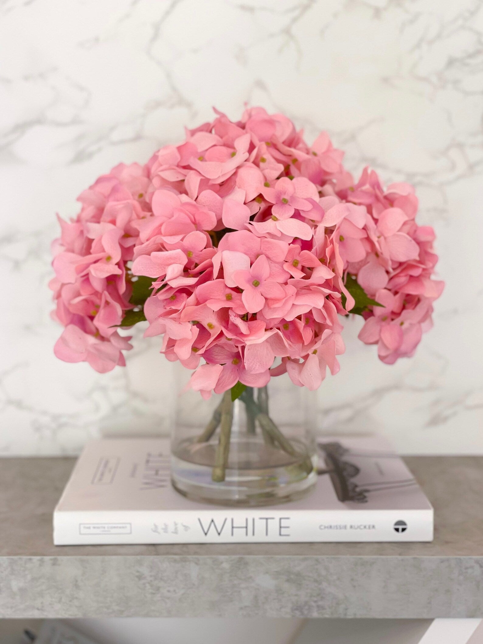Modern Real Touch Pink Hydrangea Arrangement in Cylinder Glass